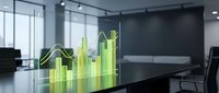 Modern office conference room with glowing green holographic business growth chart and upward arrow trend displayed on table for corporate presentations.