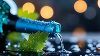 Pouring wine with grape leaf and bokeh lights in dark background, water splash and droplets creating dynamic motion effect. Fresh beverage photography.