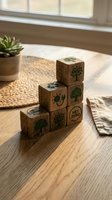 Wooden eco-friendly blocks with green environmental symbols stacked on natural wood table near window with plant and woven mat for sustainable living concepts.