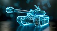 Futuristic digital tank with glowing blue wireframe design and holographic effects on dark background for military technology concepts.