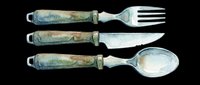 Vintage cutlery set with weathered green handles featuring fork, knife, and spoon isolated on transparent background, ready for t-shirt designs, clipart, stickers, and print-on-demand products.