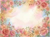 Floral frame with pink roses, peonies, and decorative hearts on watercolor background. Isolated design element suitable for invitations, greeting cards, and digital projects.