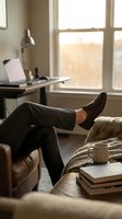 Person relaxing with feet up on chair in cozy home office space with natural window light, laptop, coffee mug, and books nearby for remote work and leisure.