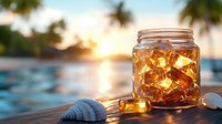 Glowing mason jar filled with ice tea against tropical sunset beach backdrop, seashells on wooden surface, warm golden hour lighting creates refreshing summer mood.