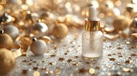 Luxury serum bottle with gold dropper on glittering surface surrounded by golden and silver spheres, perfect for cosmetics, skincare, and beauty product marketing.