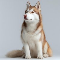 Purebred Siberian Husky with red and white coat sitting against gray background, showcasing distinctive facial markings and alert expression.