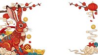 Chinese New Year rabbit zodiac animal with traditional ornaments, lanterns and plum blossoms on white background for greeting cards and festive designs.