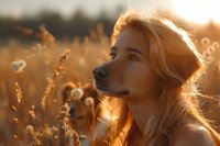 Young Caucasian woman with blonde hair in golden wheat field at sunset, eyes closed, peaceful expression, backlit by warm sunlight through wild grasses and dandelions.