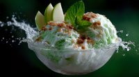 Refreshing mint ice cream scoop garnished with apple slices, crushed nuts and fresh mint leaves in glass bowl with dynamic splash effect on dark green background.