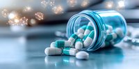 Spilled white and turquoise capsule pills from glass bottle on reflective surface with bokeh lights in background, medical and pharmaceutical concept.
