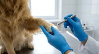 Veterinarian in blue gloves administering vaccine injection to golden retriever dog during routine medical checkup at modern animal clinic.