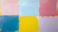 Abstract geometric composition featuring six colored squares in pastel and bright tones including pink, blue, yellow, and lavender, painted with textured brushstrokes on canvas.