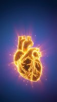 Glowing golden human heart with energy rays and sparks on blue gradient background for medical healthcare cardiology concepts.