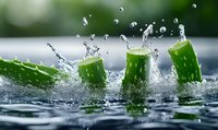 Fresh aloe vera pieces splashing in water with dynamic droplets creating natural motion effect against blurred green background. Wellness concept.