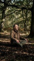 Mature man with glasses sitting peacefully on forest floor beneath large trees, wearing brown jacket and olive pants, contemplating nature in woodland setting.