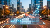 Futuristic holographic financial graph displaying upward growth trend floating above busy city street at dusk with glowing lights and traffic motion blur.