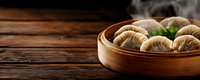 Steamed dumplings in bamboo basket on wooden table with fresh herbs, traditional Asian cuisine preparation for restaurants and food blogs.