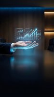 Businessman in formal attire holding glowing holographic financial charts and growth graphs, representing data analytics, investment strategy and digital business solutions.