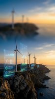 Wind turbines on coastal cliffs with digital energy monitoring interface displaying renewable power data at sunset for sustainable technology concepts.