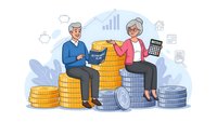 Senior couple planning retirement finances with golden coins stacks and calculator for future security and investment goals.