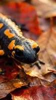 Fire salamander with black skin and bright orange spots crawling through autumn leaves in natural forest habitat during fall season.