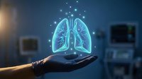 Glowing holographic lungs floating above open palm in medical office setting. Healthcare technology concept for respiratory medicine and pulmonology applications.
