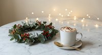 Cozy Christmas morning scene with hot cocoa topped with marshmallows, festive holly wreath and warm fairy lights creating magical holiday atmosphere.