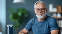 Senior Caucasian man with gray beard and glasses smiling warmly at home office desk, wearing blue t-shirt against dark wall background with houseplant and lamp.