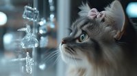 Gray and white longhair cat with pink bow looking up at hanging crystal decorations in soft dreamy lighting, creating magical atmosphere for holiday season and home decor.