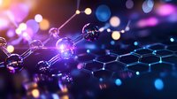 Glowing molecular structure with hexagonal pattern and connected spheres on dark background with colorful bokeh lights, scientific concept for chemistry and nanotechnology research.
