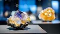 Raw fluorite crystal specimen with purple and blue hues on dark matrix against blurred background, mineral collection display with selective focus on foreground piece.