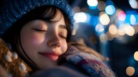 Young woman with East Asian ethnicity wearing a blue knit beanie and cozy scarf, eyes closed in peaceful contentment, surrounded by soft bokeh city lights at night. Winter lifestyle portrait.