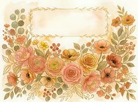 Watercolor floral frame with roses, poppies, and berries in warm peach, coral, and golden tones, featuring a blank text space for invitations.