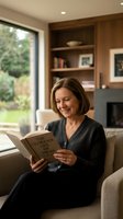Mature Caucasian woman reading book on comfortable sofa in modern living room with built-in shelves and large window overlooking garden for relaxation content.