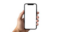 Hand holding modern smartphone with blank white screen isolated on white background for mobile app mockup and digital technology presentation.