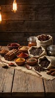 Aromatic spices and herbs in wooden bowls and burlap sacks on rustic table with warm lighting for culinary cooking and food preparation concepts.