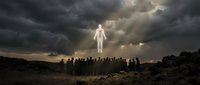 Ethereal figure in white glowing above barren landscape with silhouetted crowd below and dramatic stormy sky with divine light rays breaking through clouds.