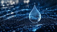 Glowing blue water drop with network pattern floating over dark reflective surface with bokeh lights, representing digital transformation and connectivity.