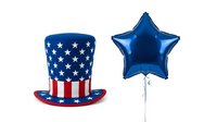 Patriotic top hat with stars and stripes pattern alongside metallic blue star balloon, isolated on white background for holiday and celebration design projects.