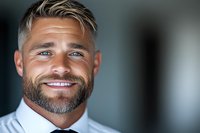 Confident mature Caucasian businessman with beard and modern hairstyle showing genuine smile in professional office environment. Close-up portrait with soft lighting.