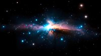 Cosmic nebula with vibrant blue and orange gas clouds illuminated against dark space background, surrounded by bright stars and stellar formations.