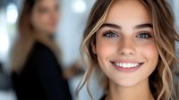 Young Caucasian woman with bright smile, blue eyes and wavy brown hair looking at camera. Blurred background creates depth. Natural makeup and genuine expression.