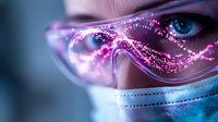Medical professional wearing protective mask and goggles with glowing purple digital overlay effect reflecting in eyewear, creating futuristic healthcare concept.