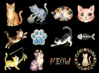 Watercolor cat clipart set with playful kittens, paw print, fish bone, and meow text, isolated on transparent background. Ready for stickers, t-shirt design, and print on demand.