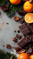 Fresh oranges, dark chocolate pieces, star anise, and pine branches arranged on gray background with cocoa powder and cinnamon sticks for winter holiday mood.