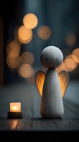 Wooden angel figurine with glowing wings and candle creating warm bokeh lights atmosphere for Christmas holiday decoration and spiritual concepts.