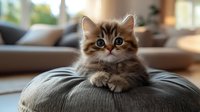Adorable fluffy brown tabby kitten with big blue eyes resting on gray cushion, paws tucked under chest. Cozy home setting with natural lighting creates warm atmosphere.