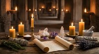Ancient scroll with healing crystals, dried lavender and burning candles on wooden table. Mystical ritual setup for meditation, spiritual practices and holistic wellness.