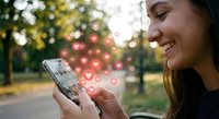 Young woman using smartphone with floating heart icons in sunny park setting, social media engagement and digital communication concept for marketing.