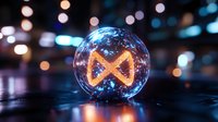 Glowing crystal sphere with golden infinity symbol inside against blurred city lights bokeh background for technology and innovation concepts.